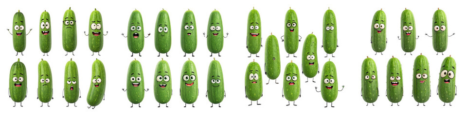 30 Cartoon Cucumber Characters, Various Expressions, Isolated on Transparent Background, Cucumber, Cartoon, Vegetable