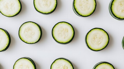 A flatlay showcasing multiple slices of zucchini arranged in a repeating pattern on a white background.  The vibrant green skin and creamy white flesh are clearly visible.