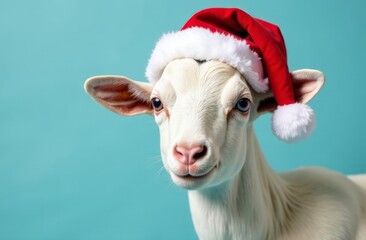 portrait of a goat in a New Year's hat on a blue background