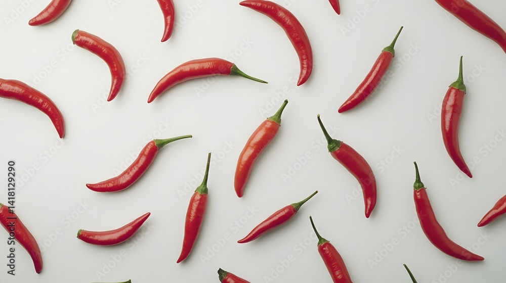 Poster a vibrant flat lay showcasing numerous red chili peppers arranged in a scattered pattern against a c