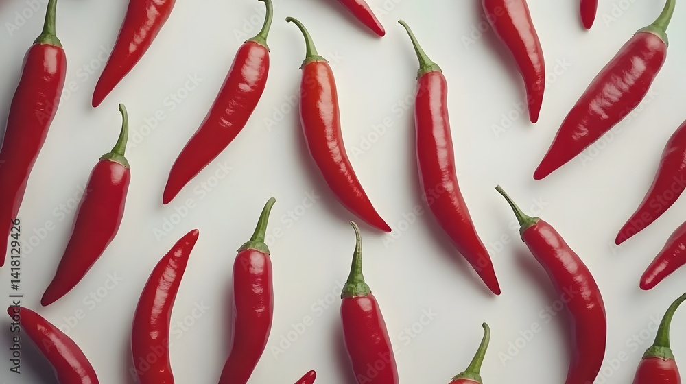 Poster a vibrant flat lay showcasing numerous red chili peppers arranged on a clean white background. the p