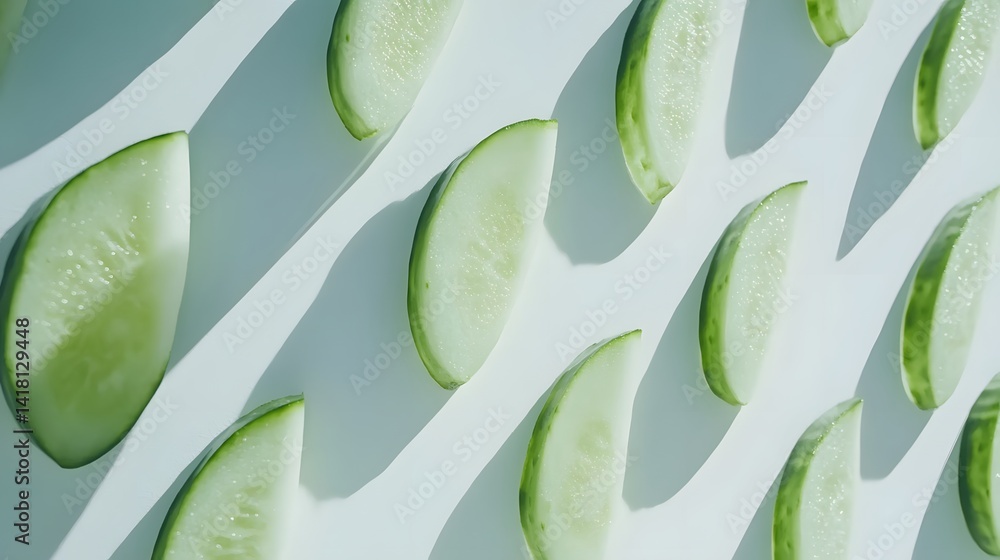 Poster fresh cucumber slices arranged in a repeating pattern against a bright white background. the image f