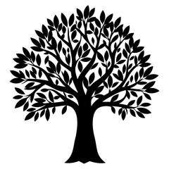 Obraz premium Symmetrical Black Tree with Leaves, Branches, Trunk in Silhouette against White