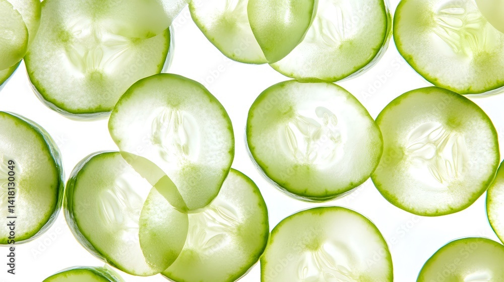 Poster close-up shot of numerous translucent cucumber slices against a white background. the image showcase