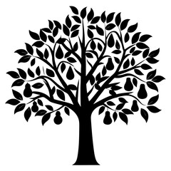 Fototapeta premium Black Silhouette of a Pear Tree with Leaves and Ripening Fruit