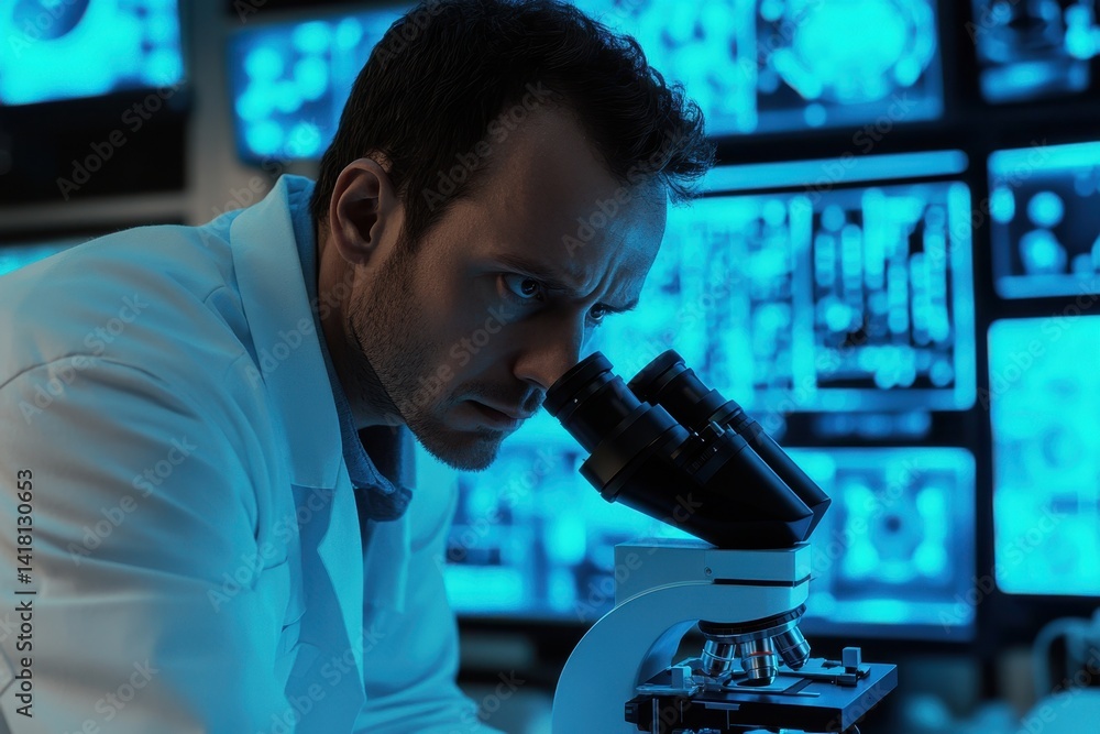 Poster scientist analyzing samples under a microscope in a modern laboratory setting