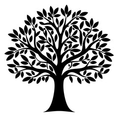 Obraz premium A Bold Black and White Tree Silhouette with Numerous Leaves and Branches