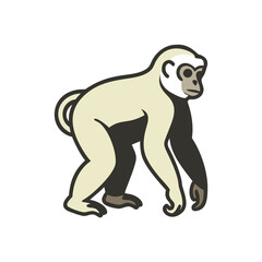 Cartooned Silvery Gibbon Ape Walking Isolated on Black
