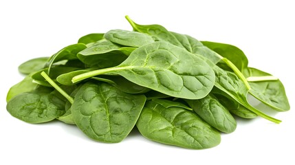 Obraz premium A pile of fresh, vibrant green spinach leaves isolated on a white background. Perfect for healthy eating and recipe visuals.