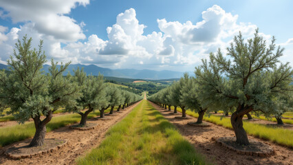 Naklejka premium Vast olive tree grove in a hilly landscape under clear skies.