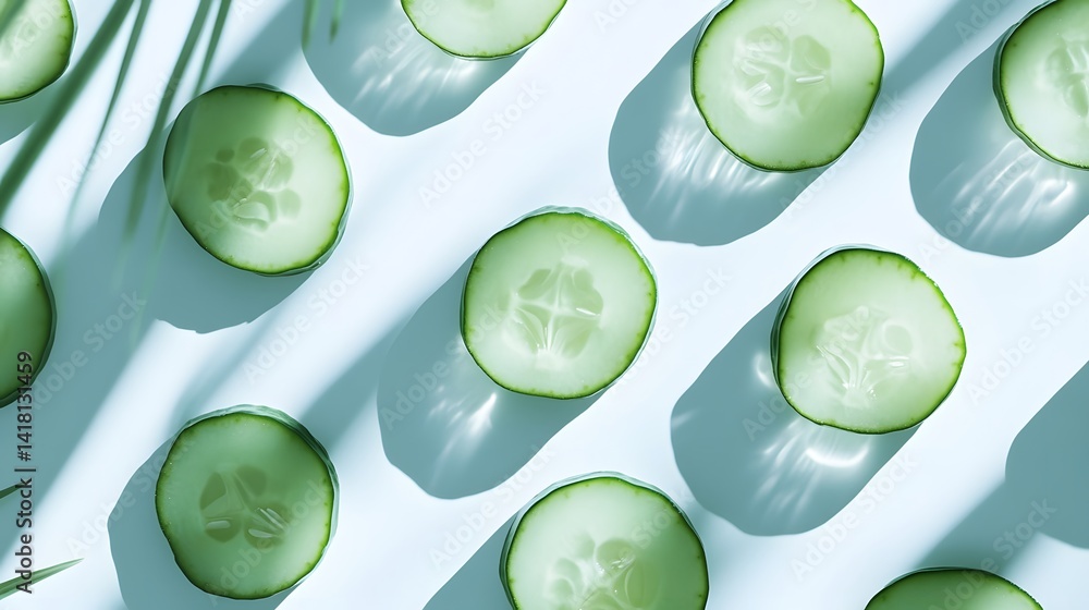 Poster flat lay of fresh cucumber slices arranged on a light blue background with palm leaf shadows. perfec