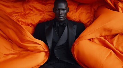 Man in black tuxedo, orange backdrop