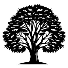 Striking black and white silhouette illustration of a majestic tree with leaves