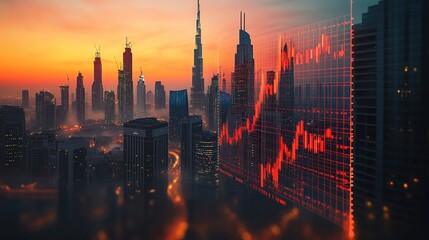A modern cityscape at sunrise, overlaid with financial market data
