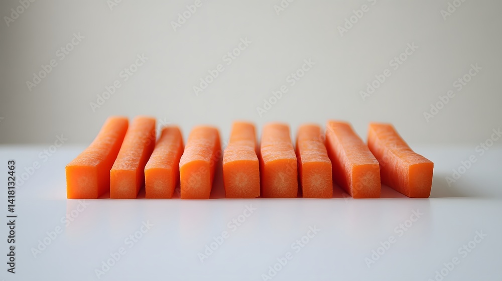 Poster eight perfectly cut carrot sticks arranged in a row on a white surface. a simple, clean image ideal 