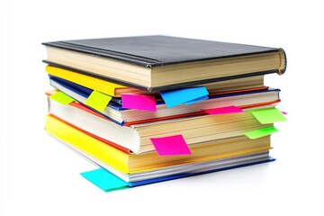 A stack of books with colorful sticky notes as bookmarks, signifying reading, study, or research.