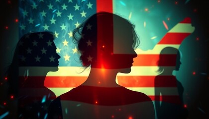 Silhouettes of diverse people with the American flag. Conceptual image perfect for patriotic, social, or unity themes.