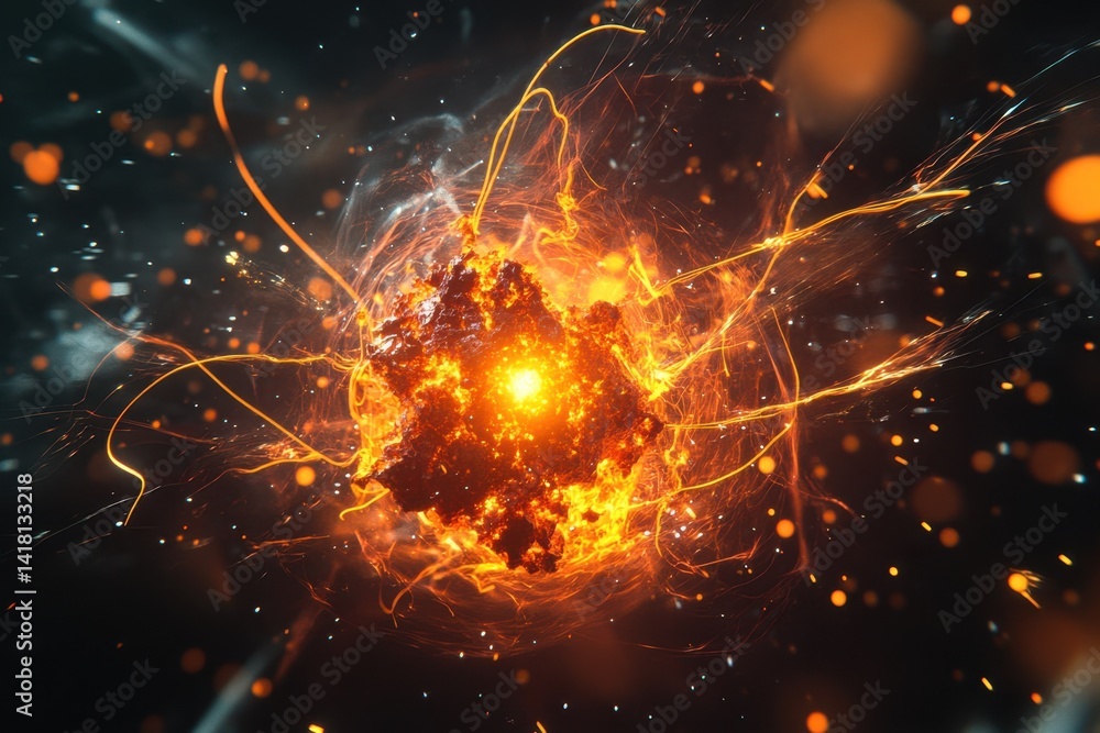 Poster explosive energy release with fiery particles and dynamic light effects in dark background