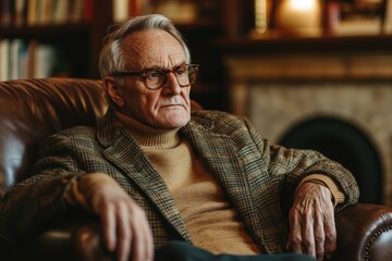 Obraz premium Thoughtful elderly gentleman in glasses sits in a leather chair, lost in contemplation.