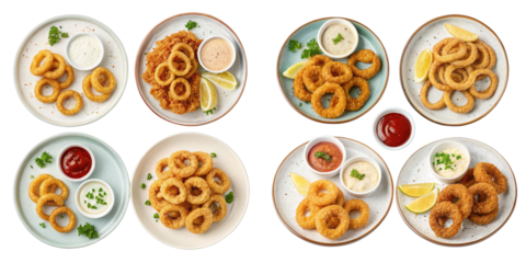 Six Plates of Onion Rings with Dipping Sauces, Isolated on Transparent Background, Food Photography, Top View, onion rings, fried food, appetizer