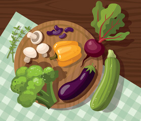 Fresh vegetables arranged on a wooden cutting board. Top View