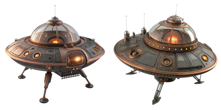 Steampunk UFO Spaceship 3D Render, Isolated on Transparent Background, Sci-Fi, Vintage, Spaceship, UFO, Steampunk