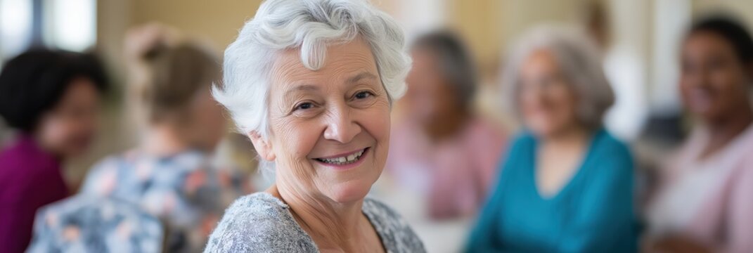 An elderly woman with gray hair smiles warmly at the camera, surrounded by other senior community members, embodying joy, companionship, and the beauty of aging gracefully.
