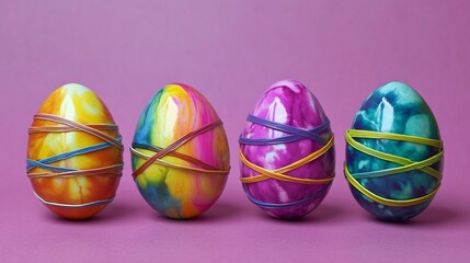 Fototapeta premium Modern tie dye Easter egg technique with rubber bands