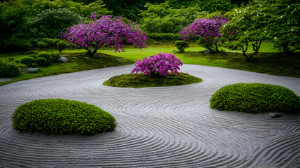 Japanese Zen Garden With Purple Flowers And Gravel