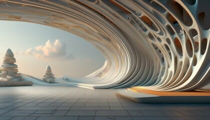 curve structure futuristic architecture with empty concrete floor