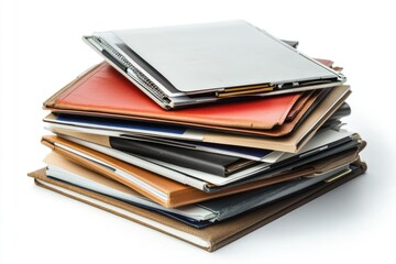 A stack of various notebooks and journals of different sizes and colors, neatly piled on a white background.