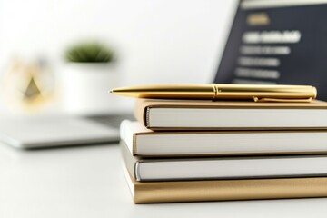 A gold pen rests atop a stack of three stylish notebooks, suggesting organization and productivity.