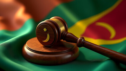Ylang-ylang gavel with gold over Comorian flag. Island legal symbolism with volcanic lighting.