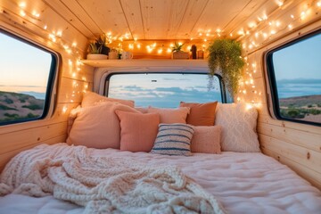 Relaxing Night in a Van: Blankets, Fairy Lights, and a Calm Atmosphere