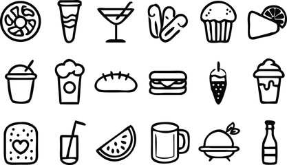 Food and Drink Icon Set for Menus and Apps.
Minimal Food Icons for Restaurant and Cafe Use.
Clean Line Icons of Food and Beverages.
Black Outline Icons for Food Delivery and Branding.