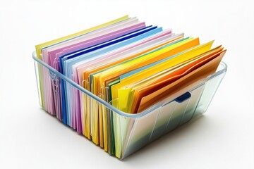A clear plastic container filled with color-coded papers and folders, organized neatly.