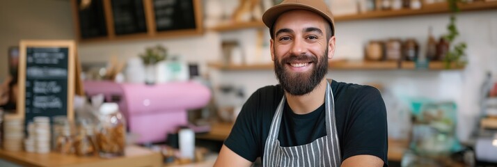 A friendly barista smiles behind the counter of a trendy coffee shop, offering a warm and inviting ambiance that captures the essence of customer service and community.