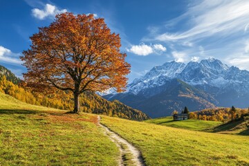 Naklejka premium Autumn tree stands in a field with snowy mountains and blue sky.