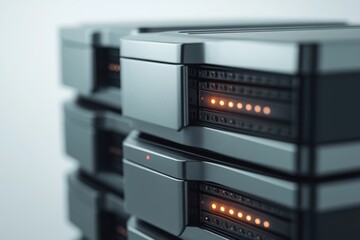 A close-up of a stack of modern servers with illuminated status lights, showcasing advanced technology.