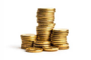 Stacks of golden coins arranged on a white background, symbolizing wealth, finance, and savings.