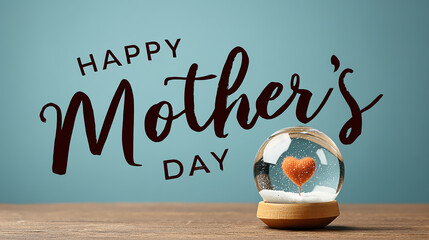 Happy Mother's Day in Cursive Calligraphy with Glass Snow Globe Containing Tiny Heart on Pastel Blue Background