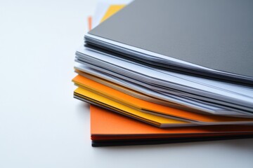 A stack of papers and folders in gray, orange, and yellow, showing organized documents.
