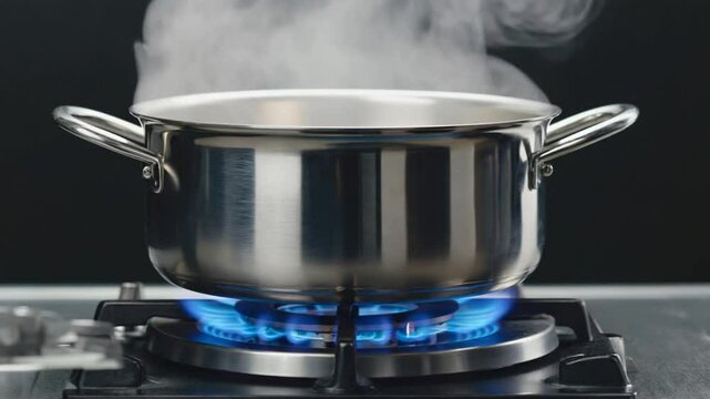 pasta boiling water in steel pot on gas stove video