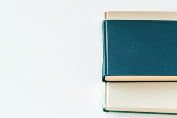 Two hardcover books, teal and beige, stacked on a white background.