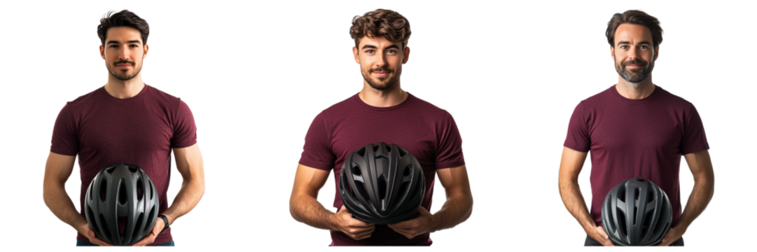 Set of Man in a maroon t-shirt and holding a bike helmet isolated on a transparent background - Powered by Adobe