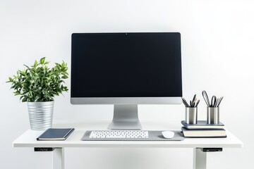 Fototapeta premium Modern minimalist workspace with computer, keyboard, mouse, plant, and stationery on a white desk.