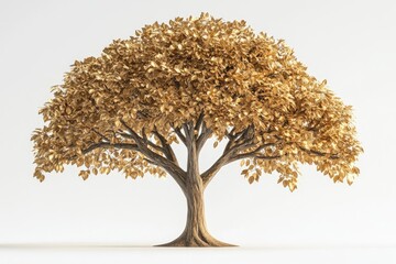 Fototapeta premium A majestic golden tree stands tall, its leaves shimmering against a white backdrop, symbolizing wealth, prosperity, and nature's beauty.