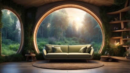 Fototapeta premium A cozy, circular wooden room with large windows overlooking a lush forest.