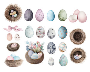 Easter clip-art collection. Bird Nests, Colorful Eggs and Flowers isolated on white. Watercolor illustrations