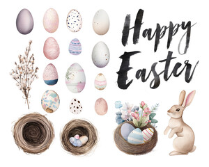 Set of Easter clip-art. Bird Nests, Bunny, Colorful Eggs, Flowers and Hand Drawn text "Happy Easter" isolated on white. Watercolor illustrations collection
